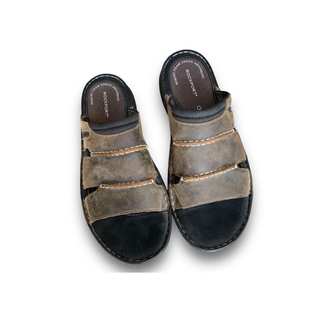 Rockport Darwyn Outdoor Sandals Slides Brown Leather Classic Men’s size 12
